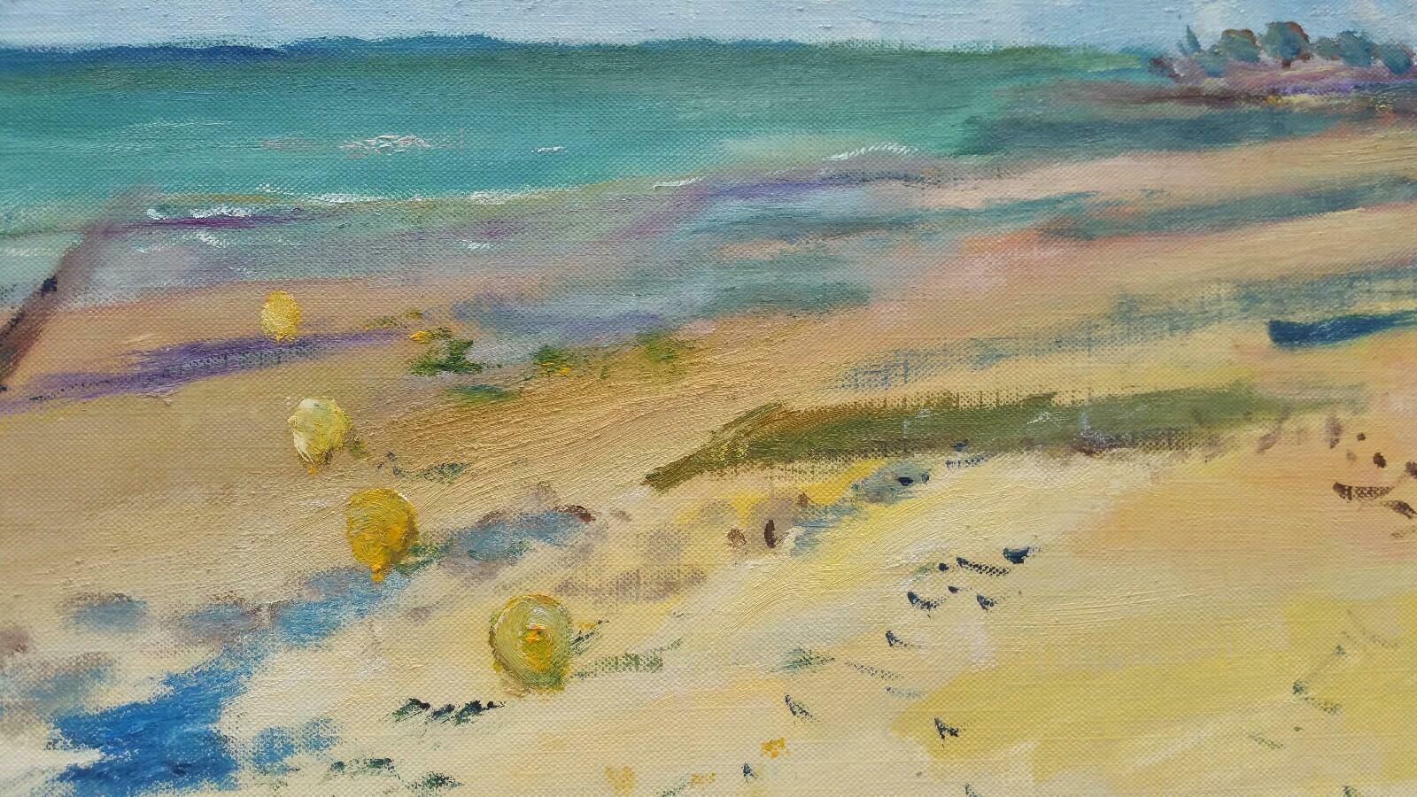 Unknown20th Century French Oil Painting Beach Walk On A Cool Daylate 20th Century photo vintage