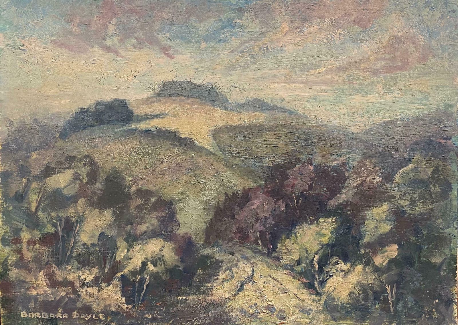 Barbera Doyle Barbara Doyle 1970's Modern British Oil Painting   'Road To The Downs'c. 1970's