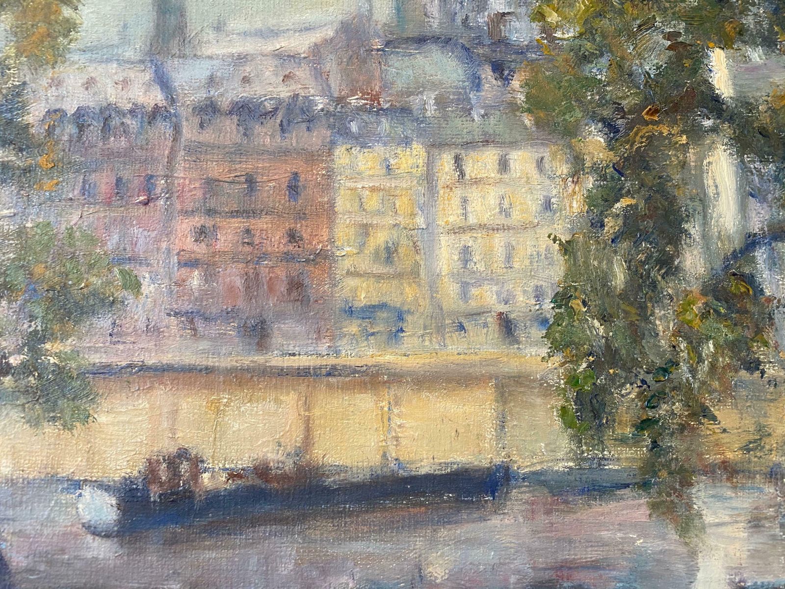 Joy Rannardmid Century English Impressionist Oil Busy City River Scene Boats And Buildingsc. 1960's photo Art