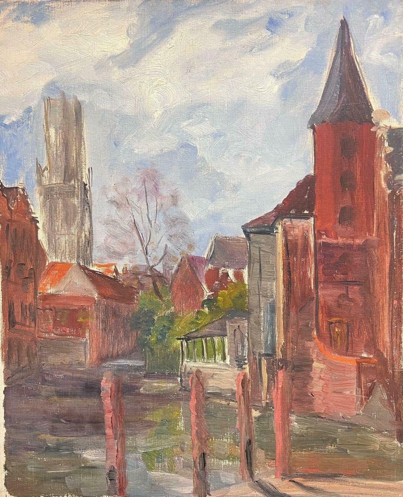 Regine Davidmid 20th Century 1950's French Post Impressionist Oil Old French Town Buildings1950's