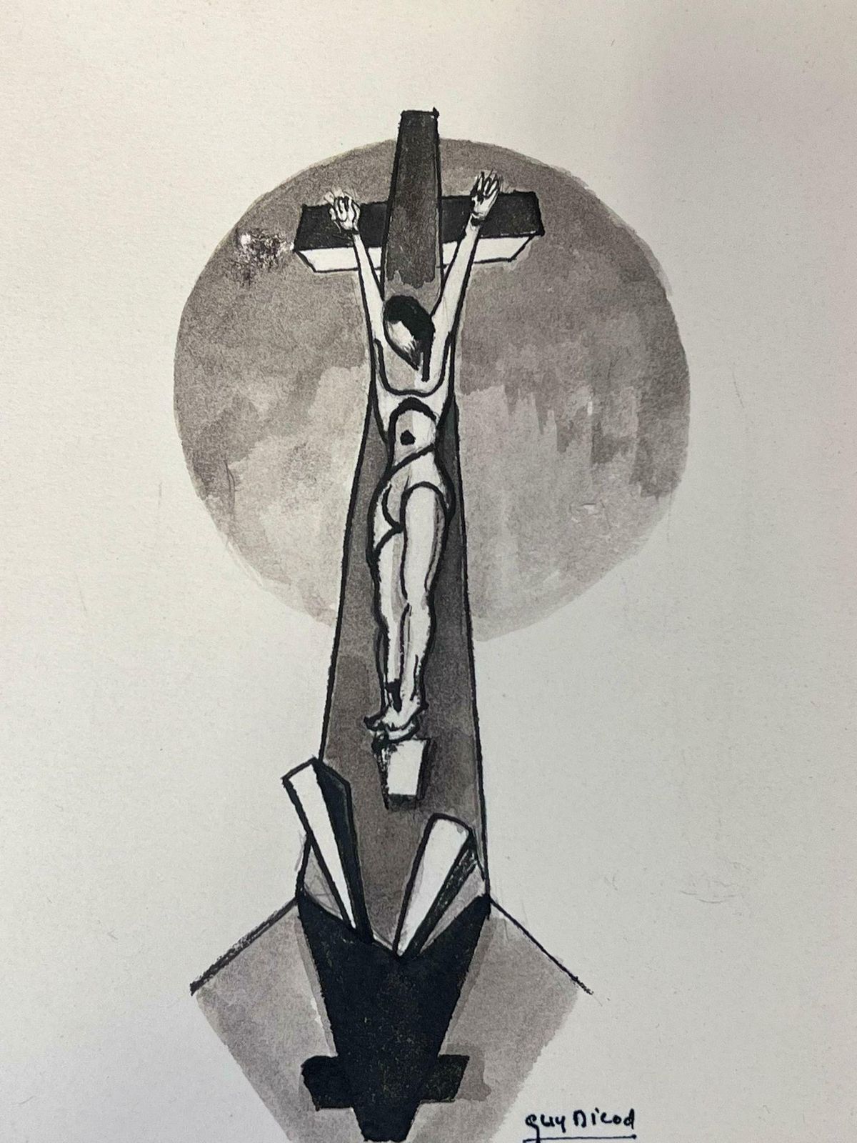 Guy Nicod 20th Century French Modernist Black & White Painting Jesus's Crucifixion photo for sale