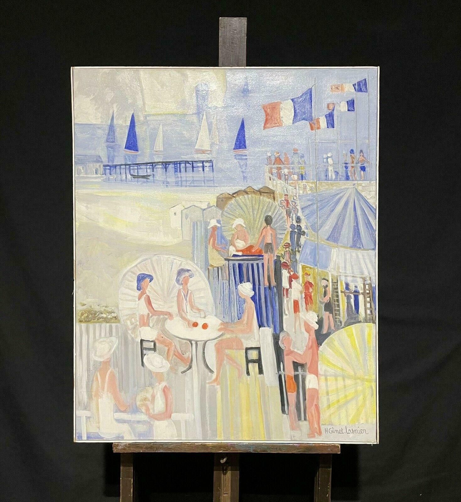 Huguette Ginet Lasnier Ginet Lasnier (1927 2020) French Oil   Colourful Busy Figure Scenec. 2000's photo furniture