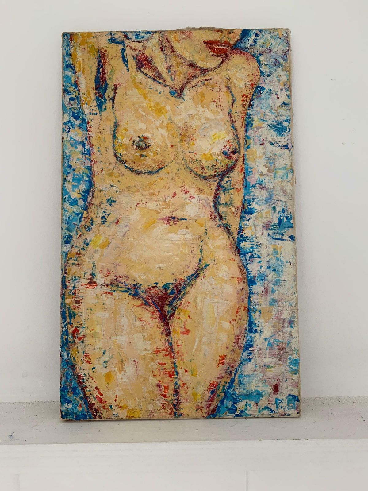 Unknown1970's French Post Impressionist Oil   Nude Lady Sunbathing Blue Backgroundc. 1970's photo furniture