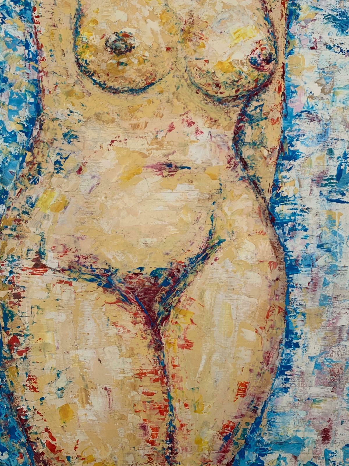 Unknown1970's French Post Impressionist Oil   Nude Lady Sunbathing Blue Backgroundc. 1970's photo for sale