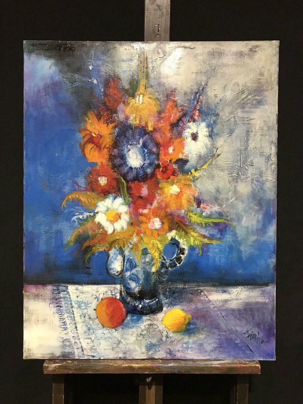 L. Franckhuge 1970's French Modernist Signed Oil   Bright & Colorful Still Life Flowersc. 1970's photo furniture