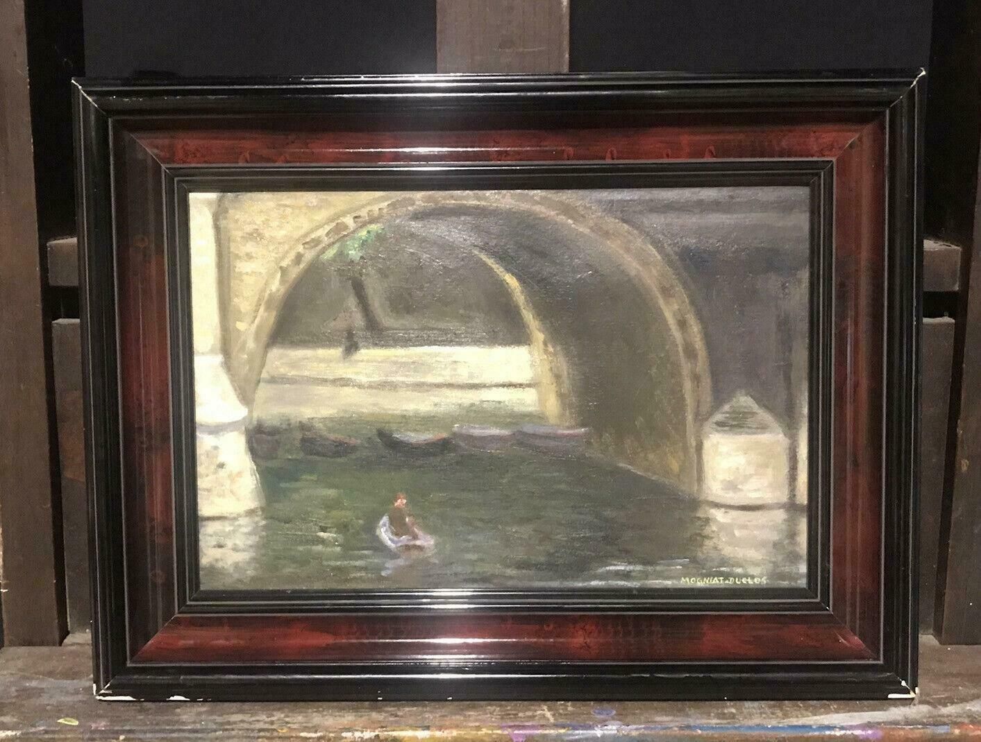 Bertrand Mogniat Duclosboating On The River Seine Paris Underneath Stone Bridge Signed French Oilc. 1960's photo furniture