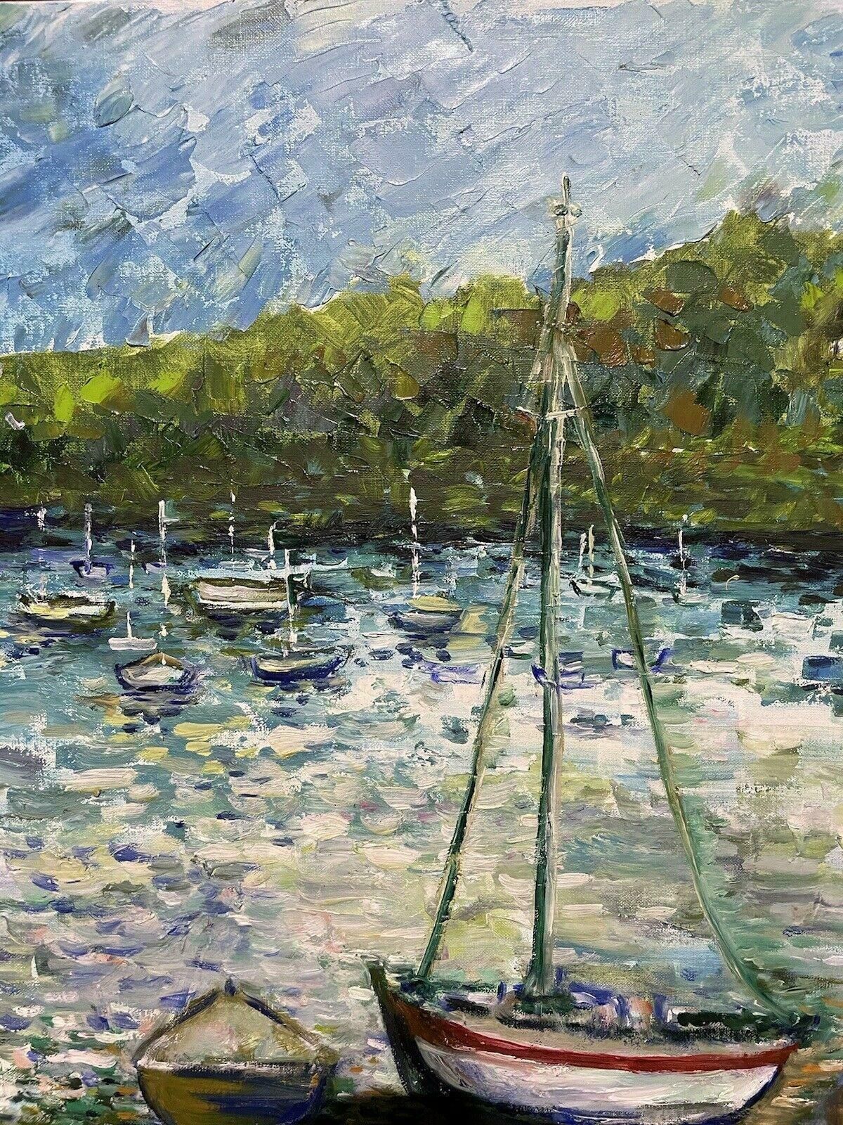 Claudine Ribouletclaudine Riboulet (French 1924 2013) Large Signed French Oil   Boats In Harbourmid Century photo vinterior