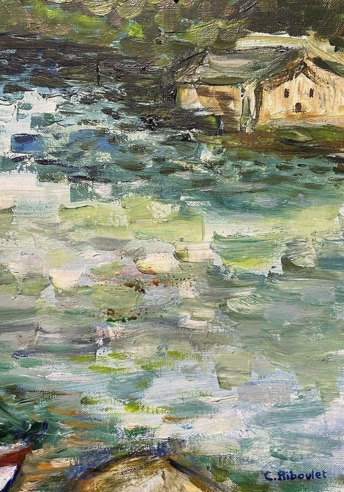 photo for sale Claudine Ribouletclaudine Riboulet (French 1924 2013) Large Signed French Oil   Boats In Harbourmid Century