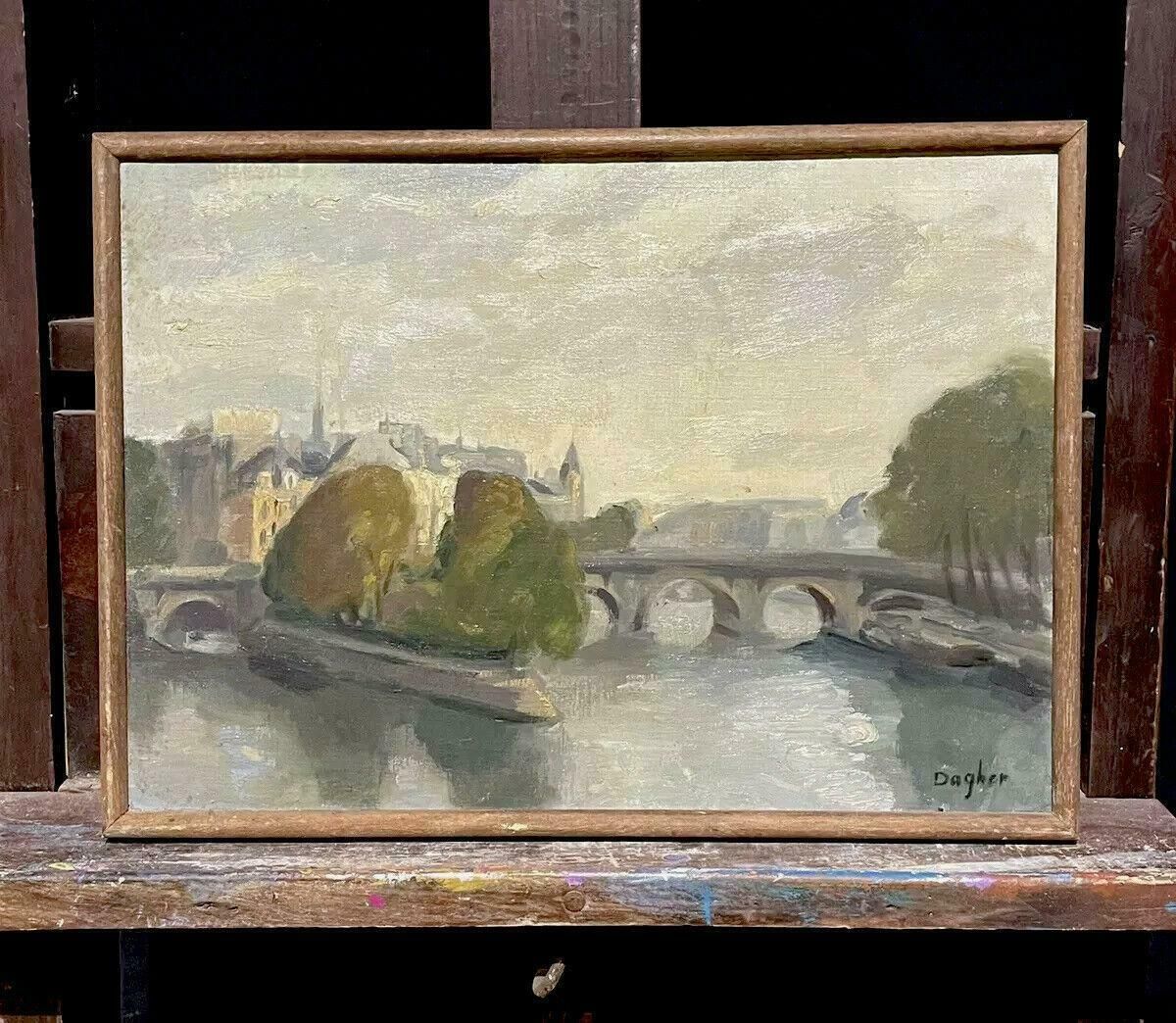 Amal Dagher1970's French Signed Oil   Moody Parisian River Seine Scene   Muted Colour Range20th Century photo furniture