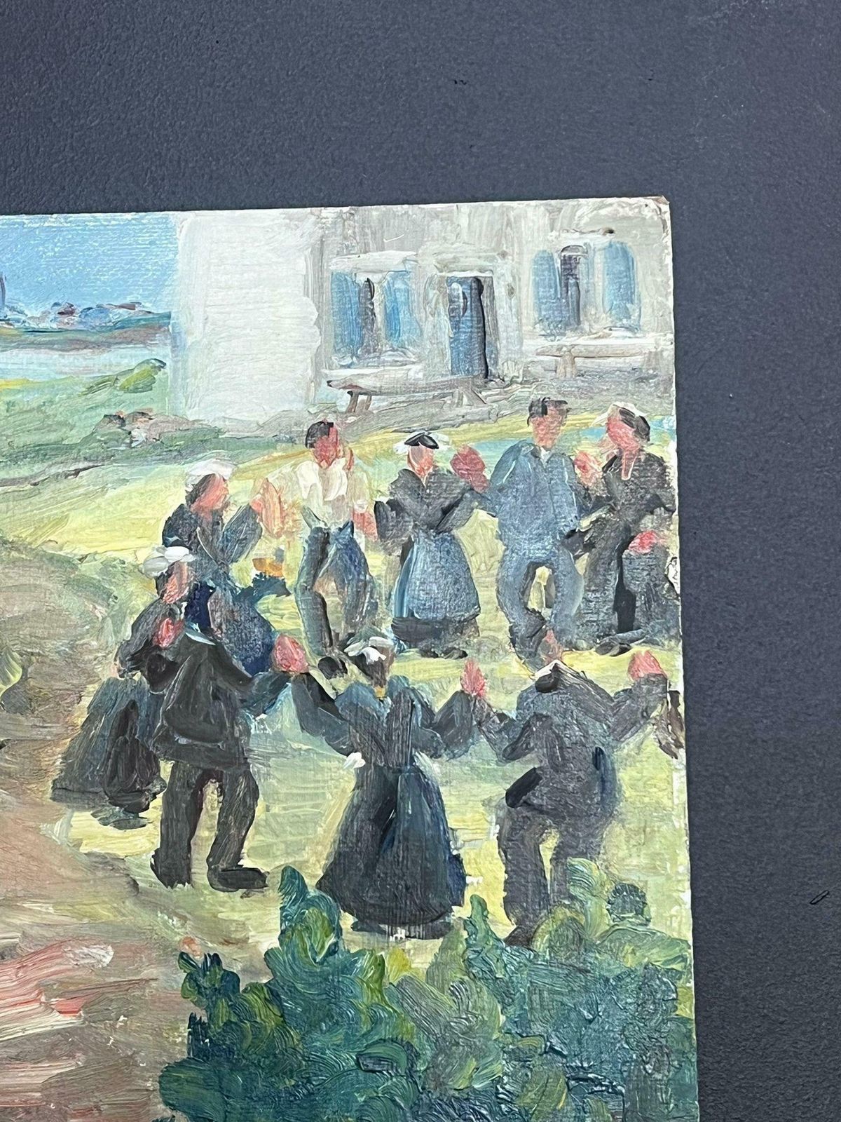 Regine Davidmid 20th Century 1950's French Post Impressionist Oil Villagers Leaving Church1950's photo for sale