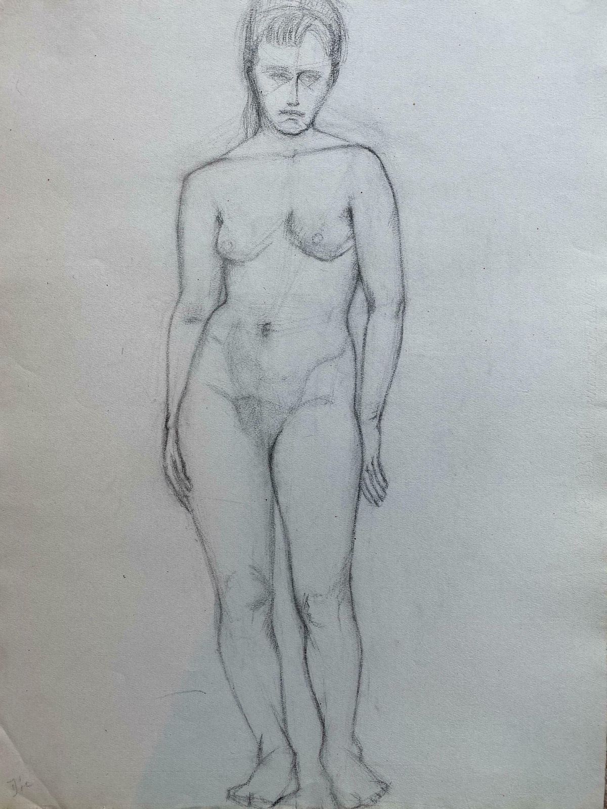 Genevieve Zondervan (1922 2013)mid 20th Century French Charcoal Drawing   Portrait Of A Standing Nude Womenc. 1950's photo furniture