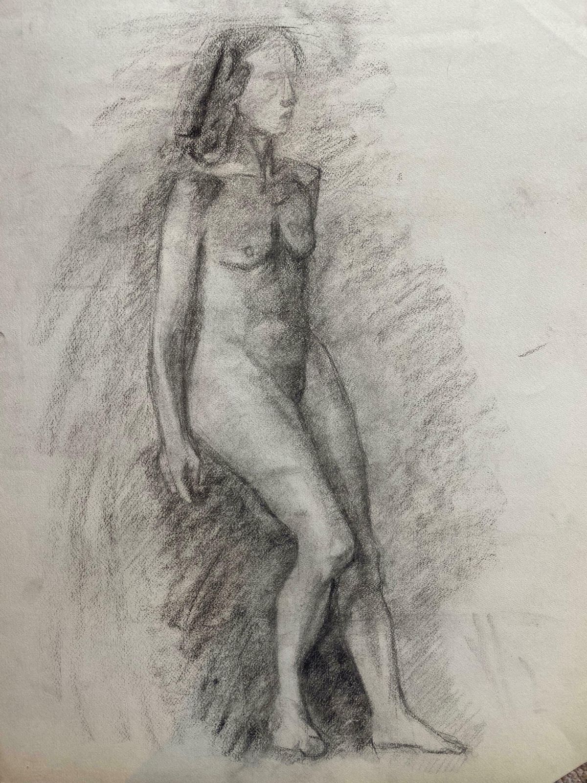 Genevieve Zondervan (1922 2013)mid 20th Century French Charcoal Drawing   Portrait Of A Standing Nude Womenc. 1950's photo furniture