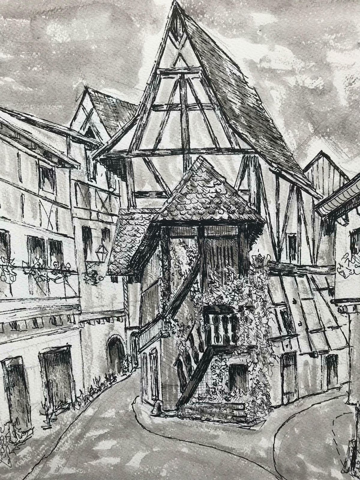 Bernard Labbe1950's Modernist/ Cubist Painting   Black And White French Buildings1950's photo for sale