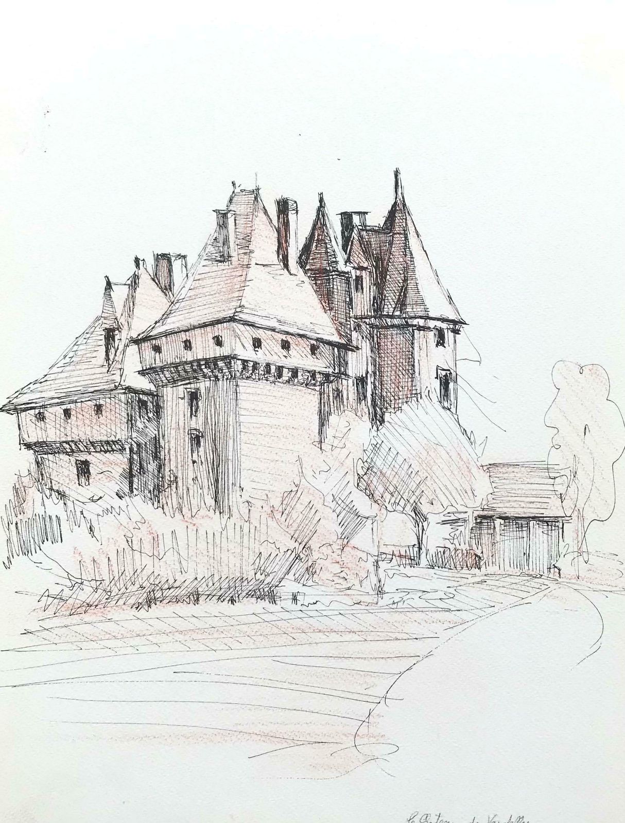 Bernard Labbe1950's Modernist/ Cubist Painting   French Castle Drawing1950's