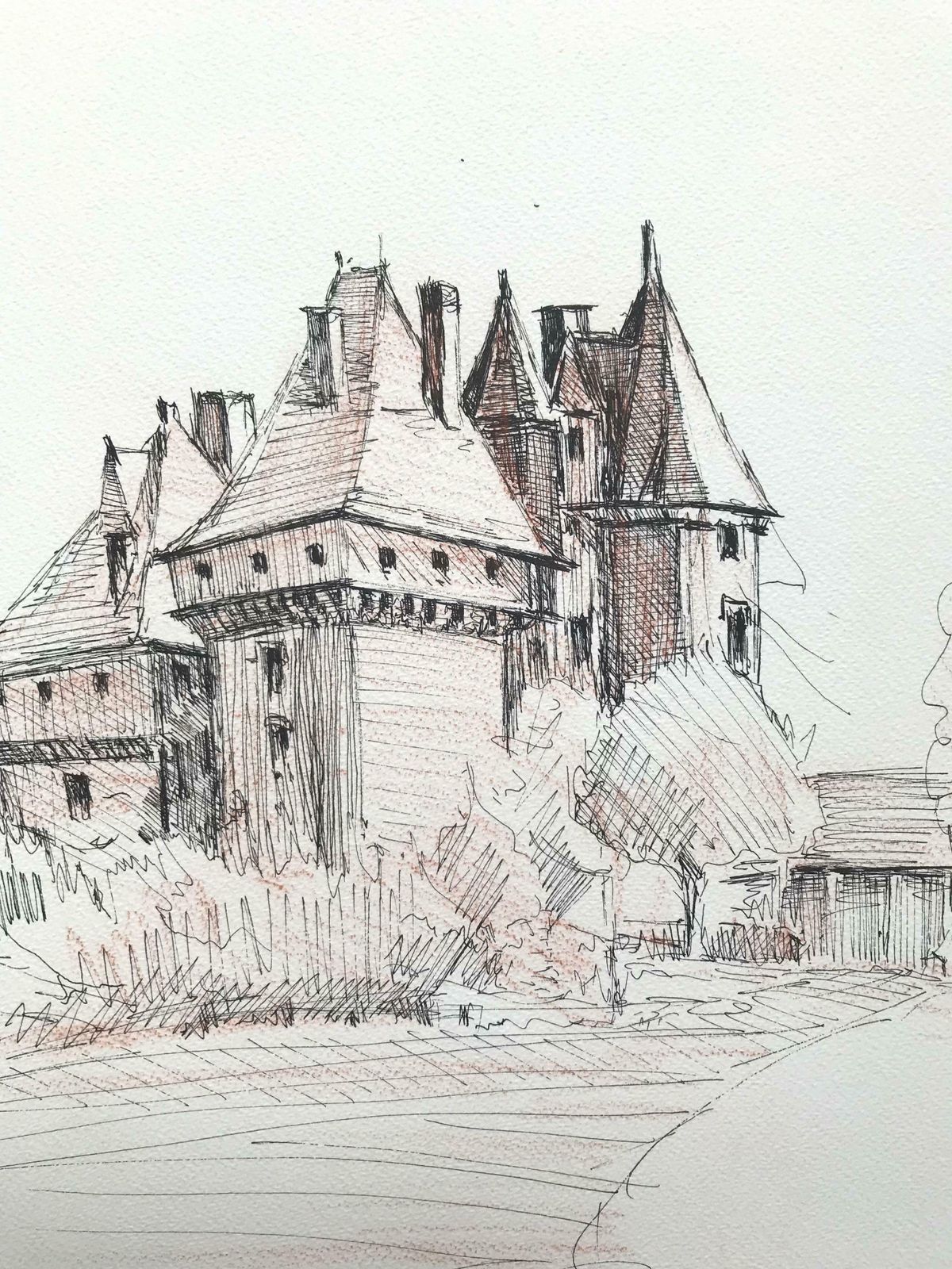 Bernard Labbe1950's Modernist/ Cubist Painting   French Castle Drawing1950's photo for sale