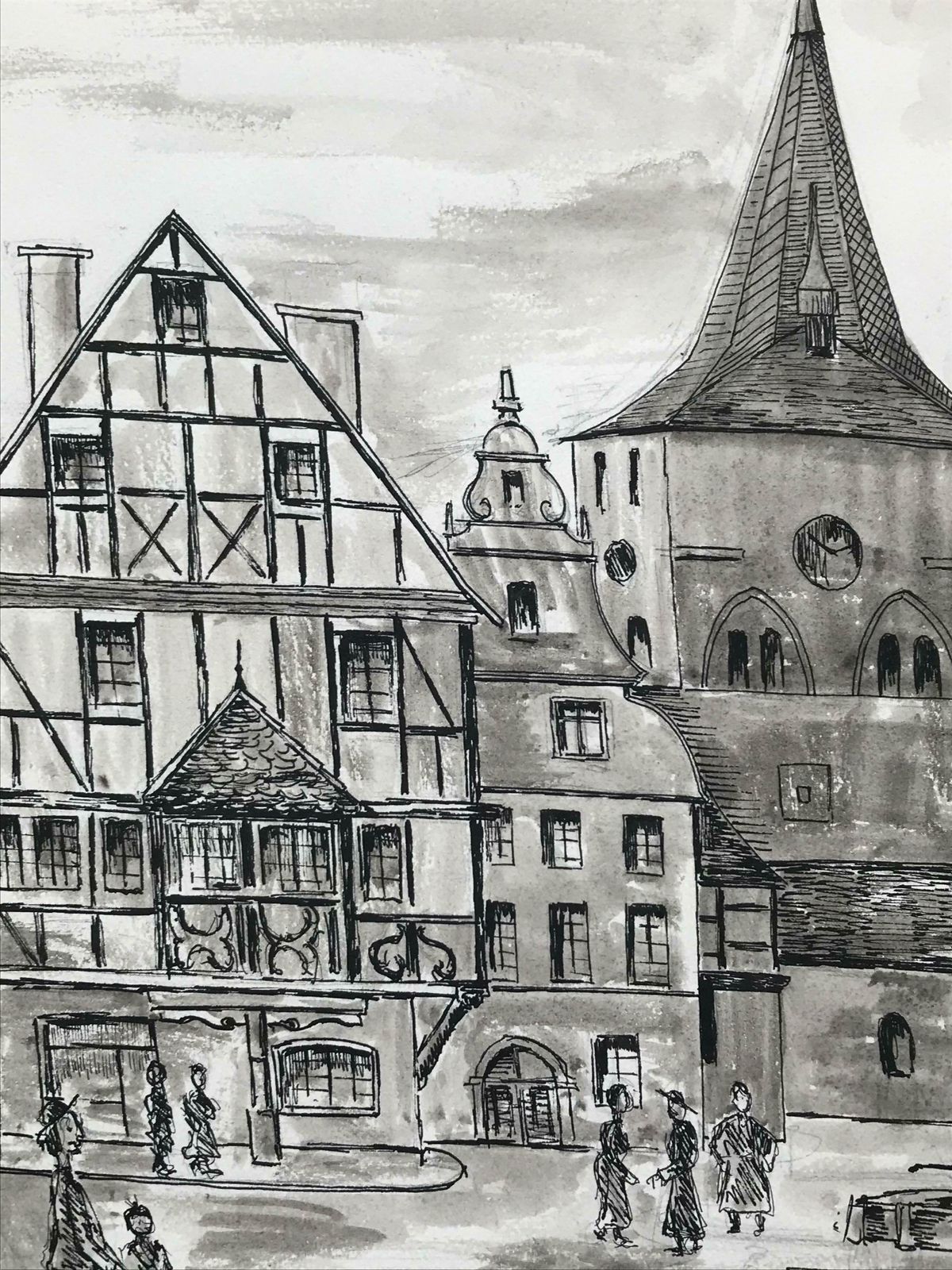 Bernard Labbe1950's Modernist/ Cubist Painting   Black And White French Town Scene1950's photo Art