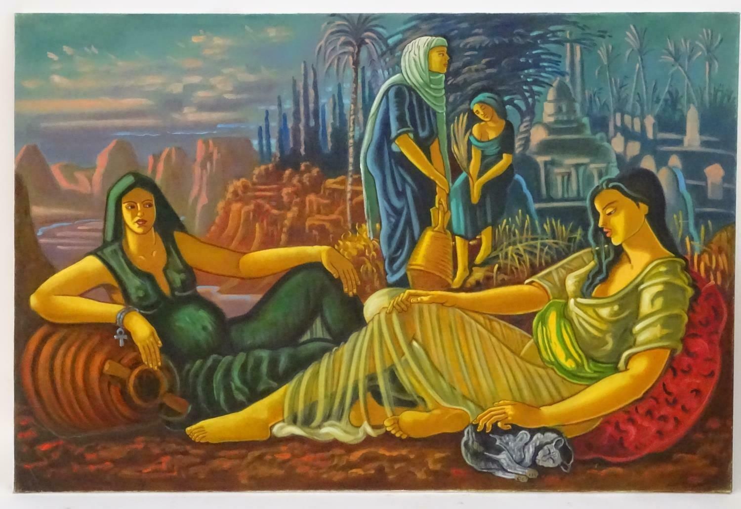 Richard Turnerclassical Maidens Eastern Landscape Huge British Surrealist Oil Painting C. 2003 photo furniture
