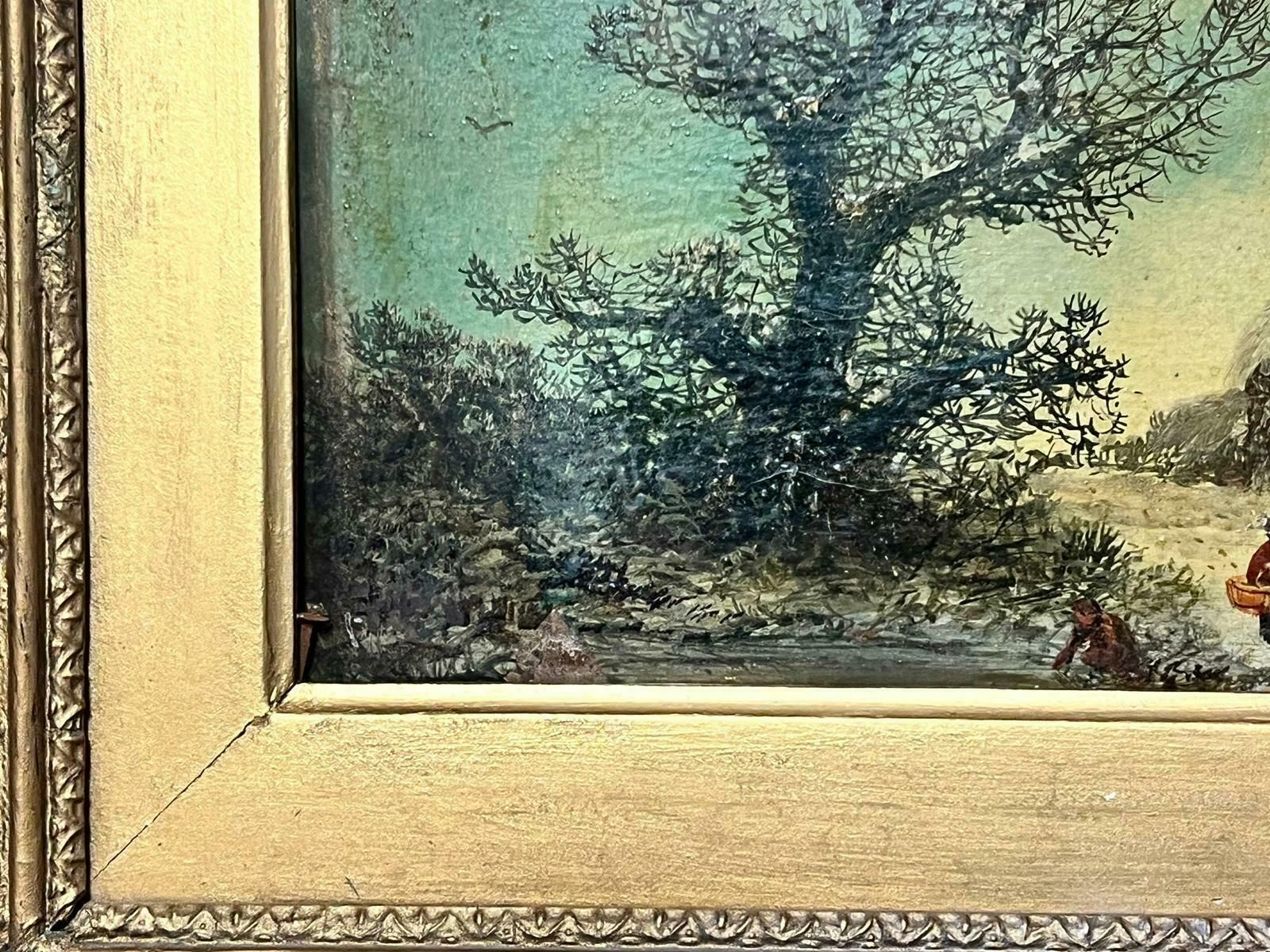 Victorian Schoolwinter Cottage Rural Lane Victorian English Oil Painting Antique Gilt Frame photo for sale