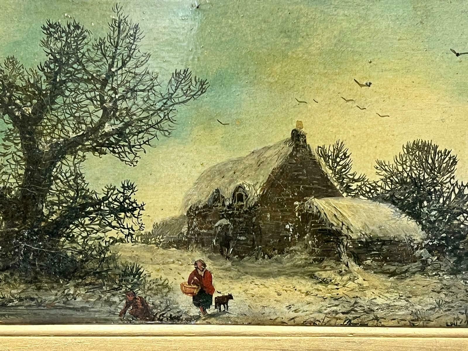 Victorian Schoolwinter Cottage Rural Lane Victorian English Oil Painting Antique Gilt Frame photo Art