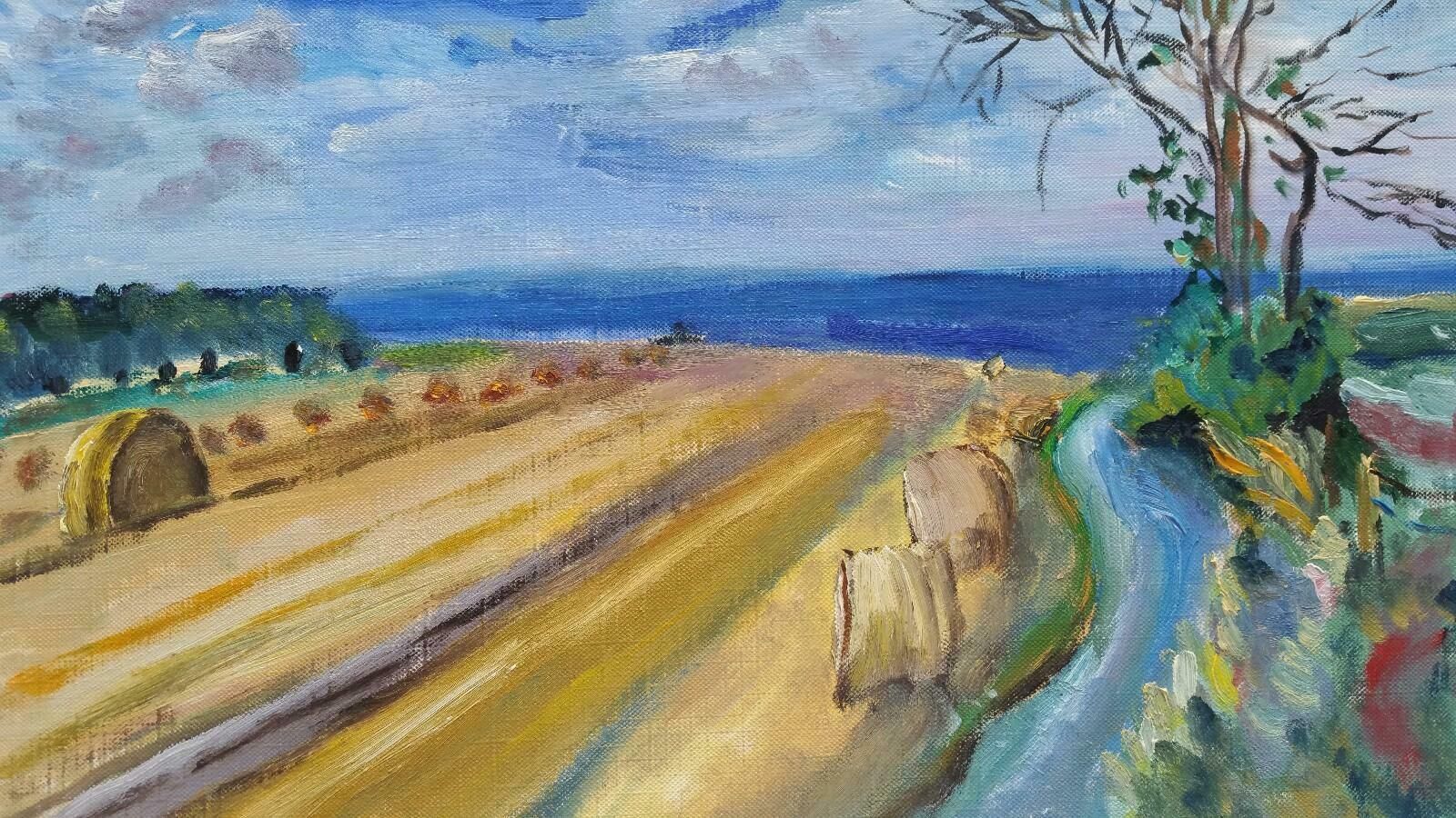 Unknown20th Century French Oil Painting Hay Rolls In A Coastal Field Blue Sealate 20th Century