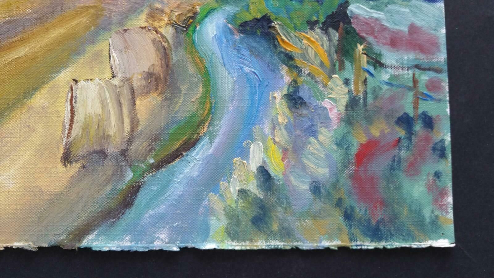 Unknown20th Century French Oil Painting Hay Rolls In A Coastal Field Blue Sealate 20th Century photo Art