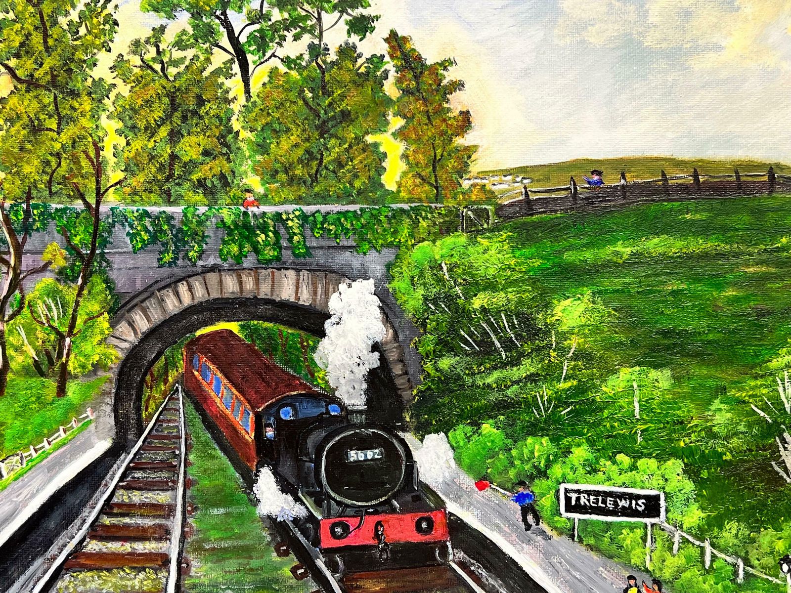 Ben Powellold Steam Train Going Under Bridge In Welsh Landscape Contemporary Painting photo for sale