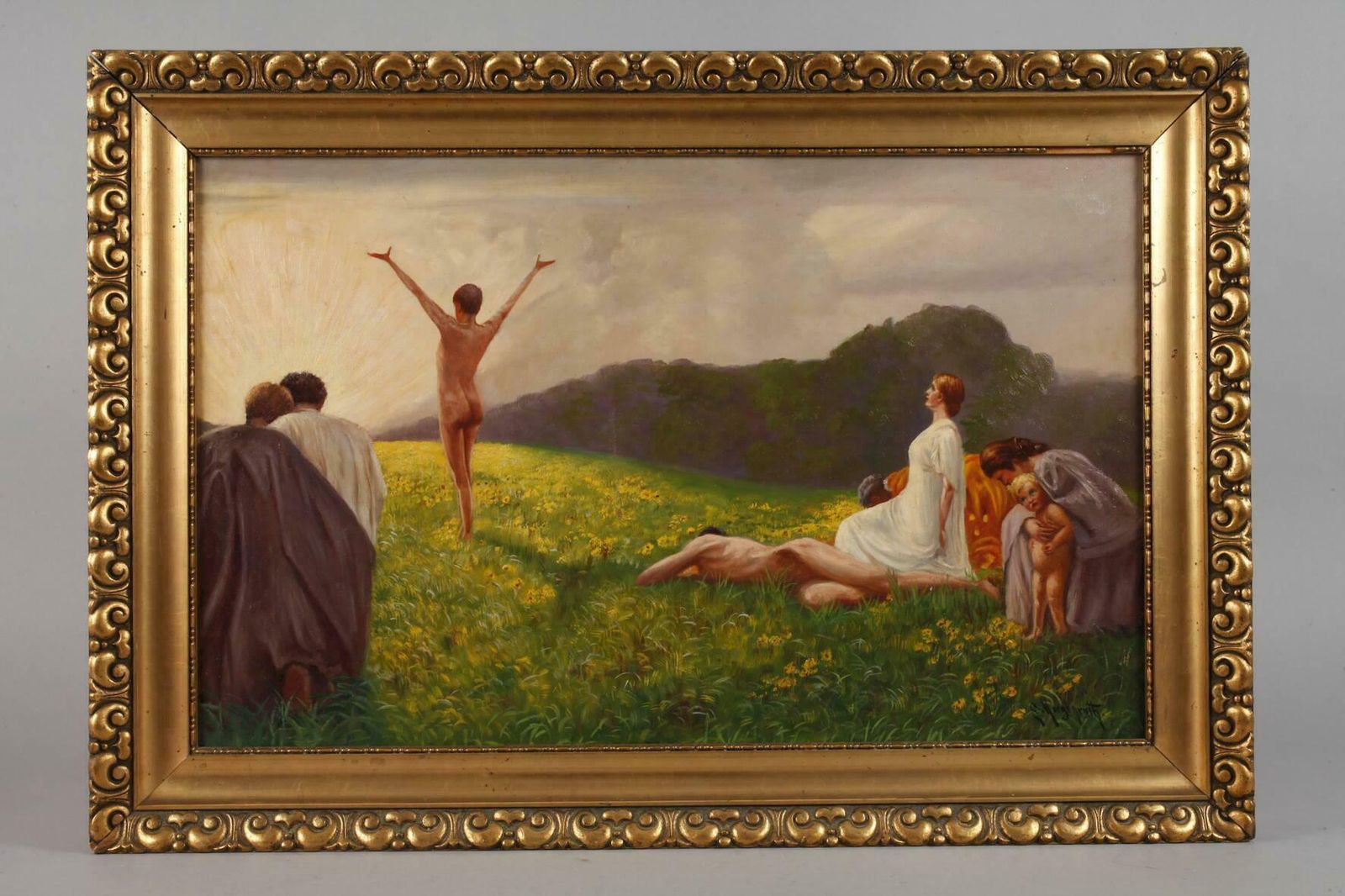G. Morgenrothlarge 1930's German Oil Male Nude Standing Before Sunrise In Landscape1930's photo furniture