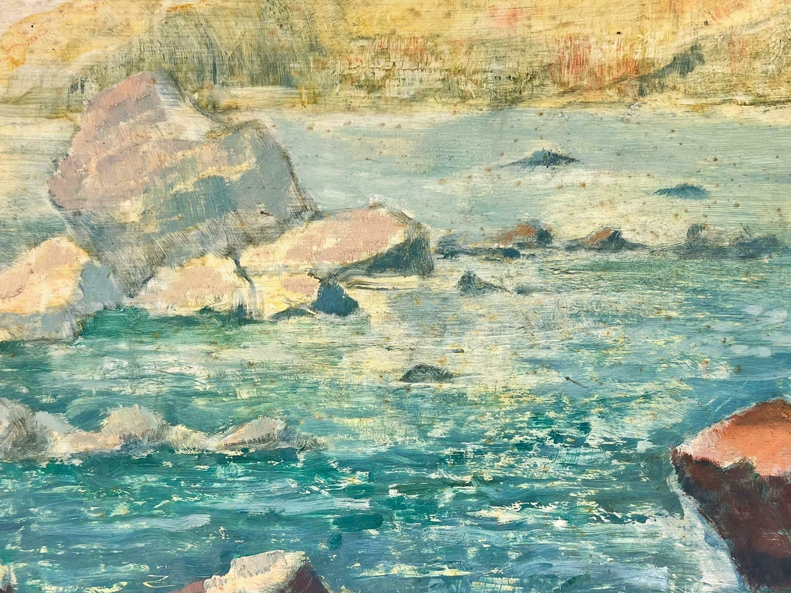 Barbera Doyle1970's Modern British Impressionist Oil Painting Spanish Coastal Blue Sea Rocksc. 1970's photo for sale