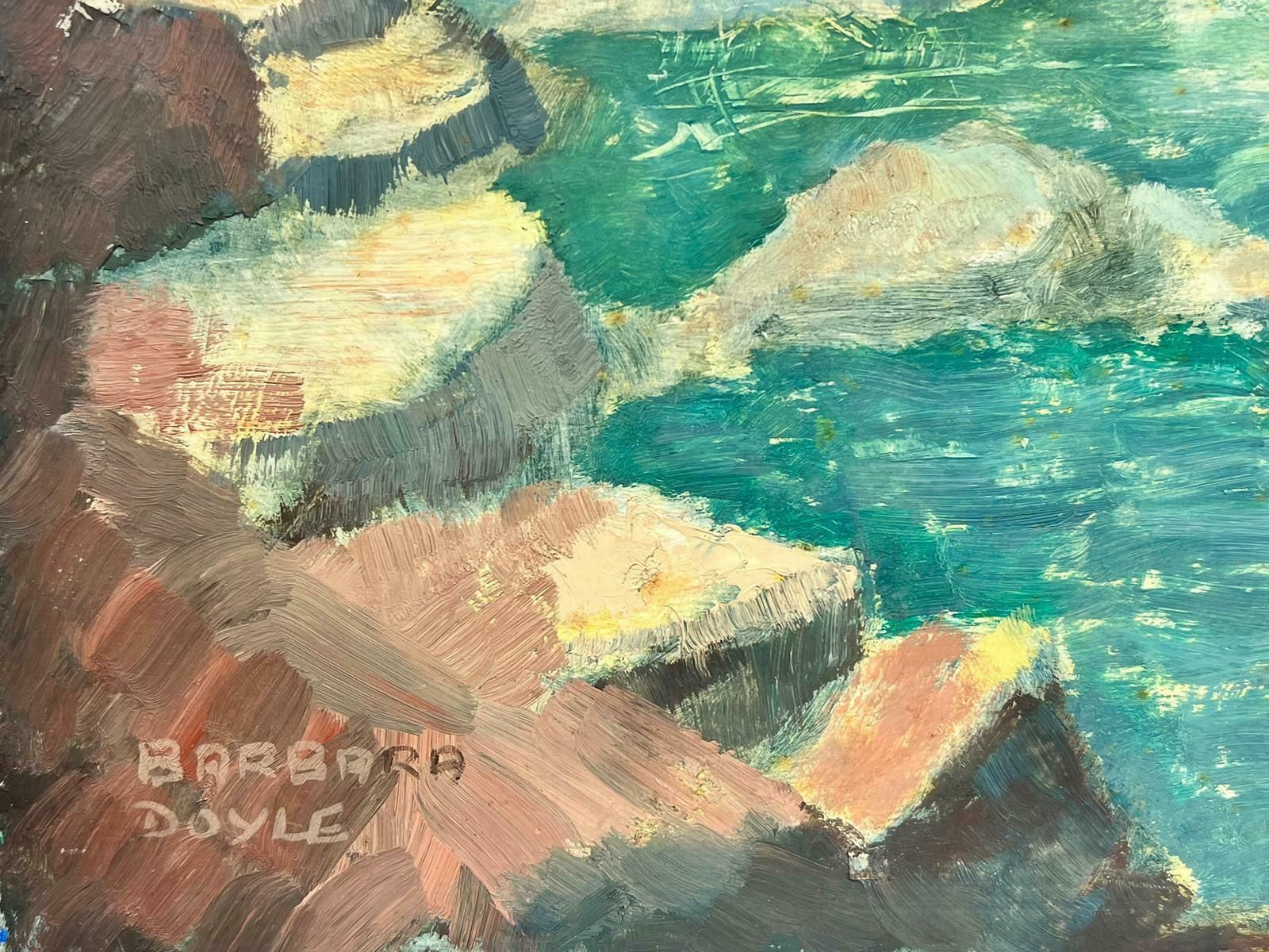 Barbera Doyle1970's Modern British Impressionist Oil Painting Spanish Coastal Blue Sea Rocksc. 1970's photo 506.0