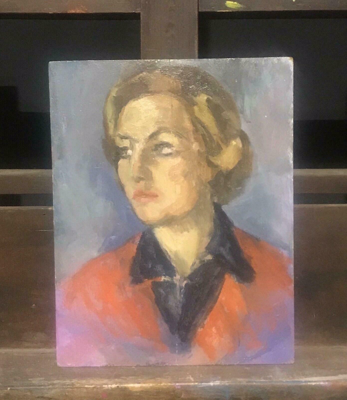 Akos Biroakos Biro (Hungarian 1911 2002) Expressionist Oil Portrait Lady In Red   Signedc.1950's photo furniture