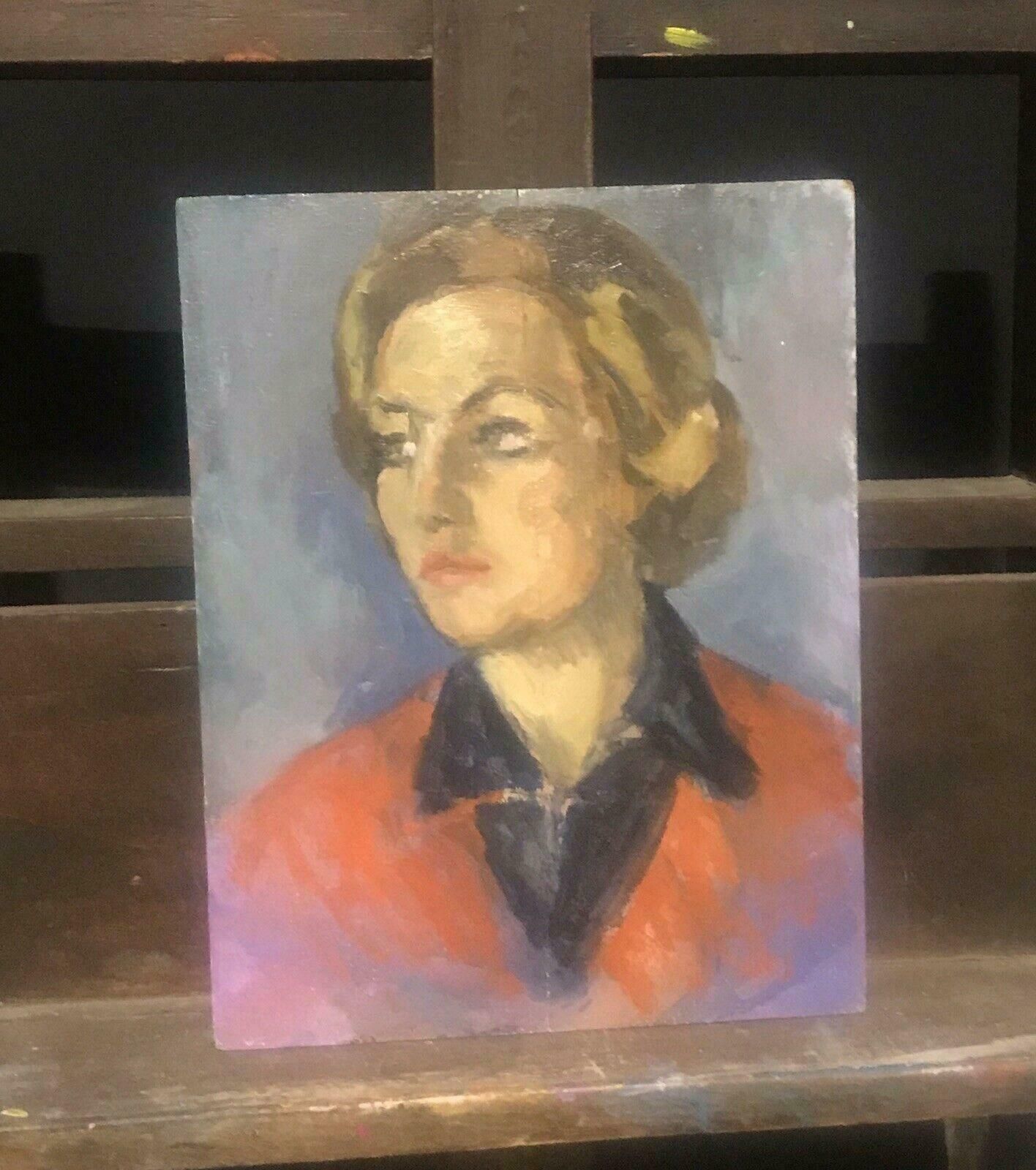 Akos Biroakos Biro (Hungarian 1911 2002) Expressionist Oil Portrait Lady In Red   Signedc.1950's photo for sale