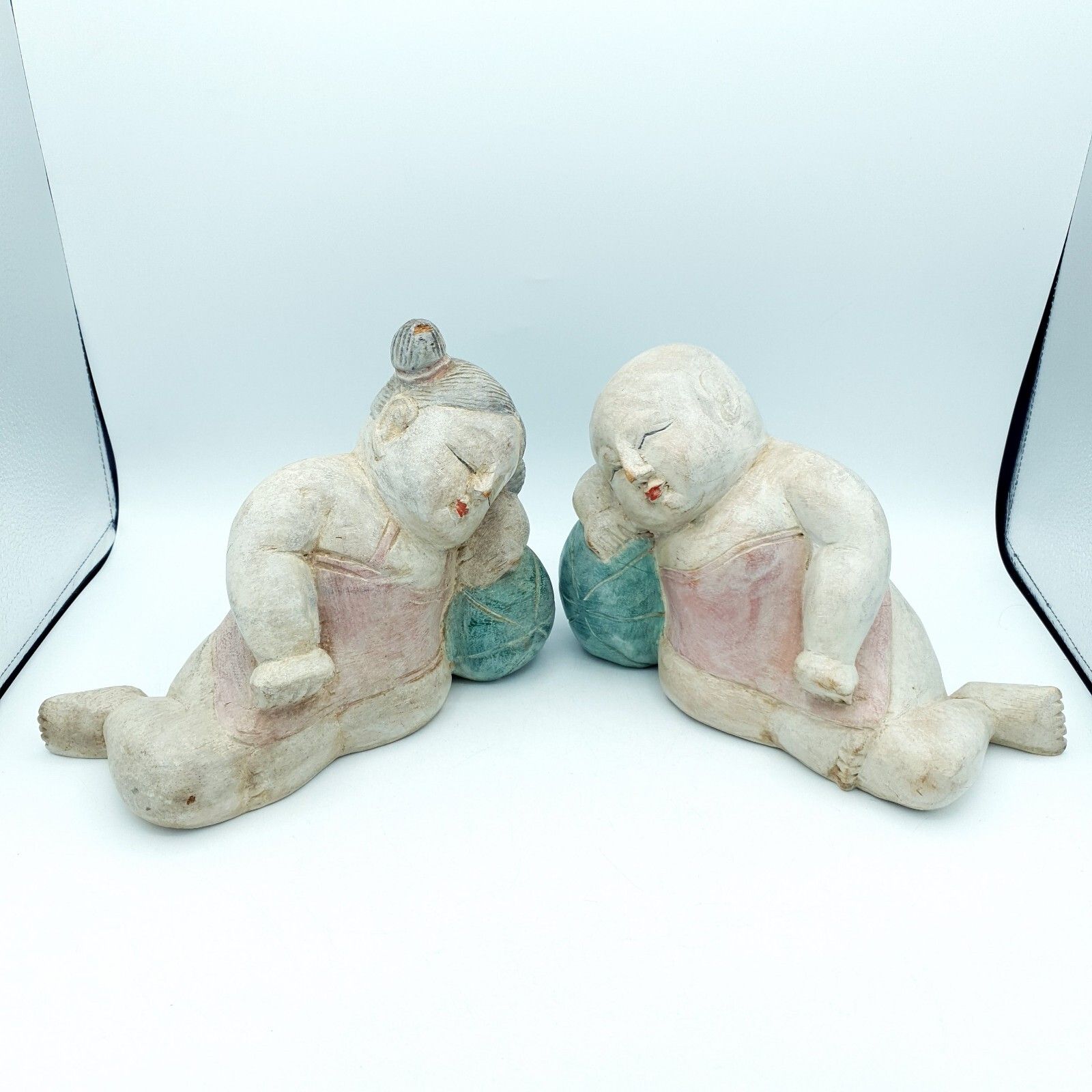Handcarved Asian Sculptures Wood Carved Children Sleeping C1960 80s Altai Mount?