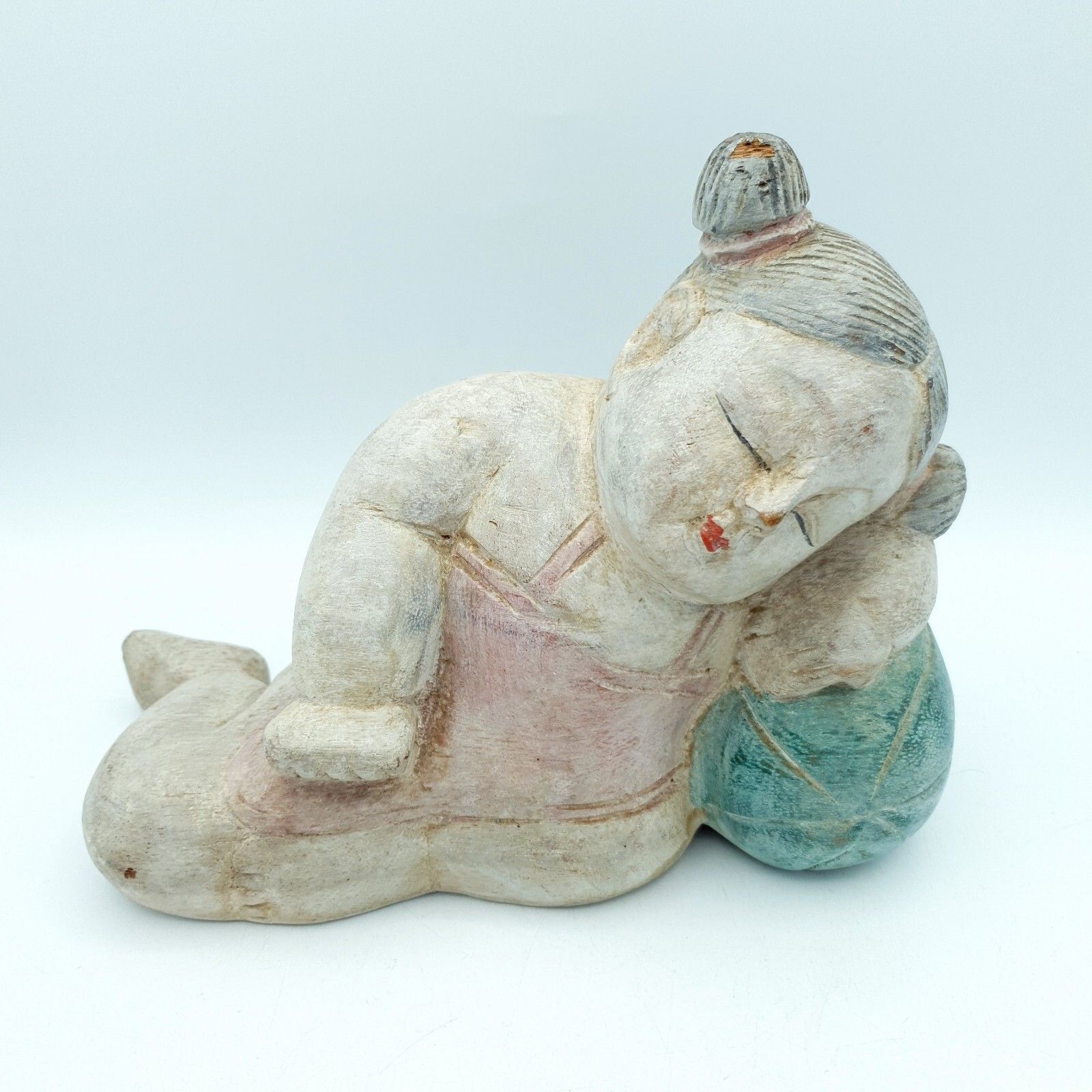 Handcarved Asian Sculptures Wood Carved Children Sleeping C1960 80s Altai Mount? photo furniture