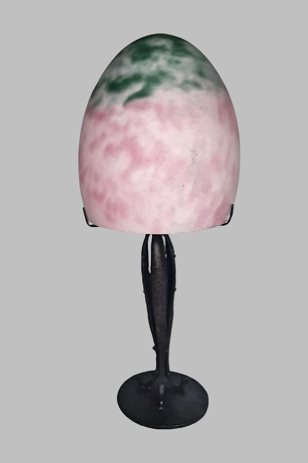Art Deco Lamp 17" Tall Beautiful Mottled Green And Rose Tinted Glass Shade France 1970s photo for sale