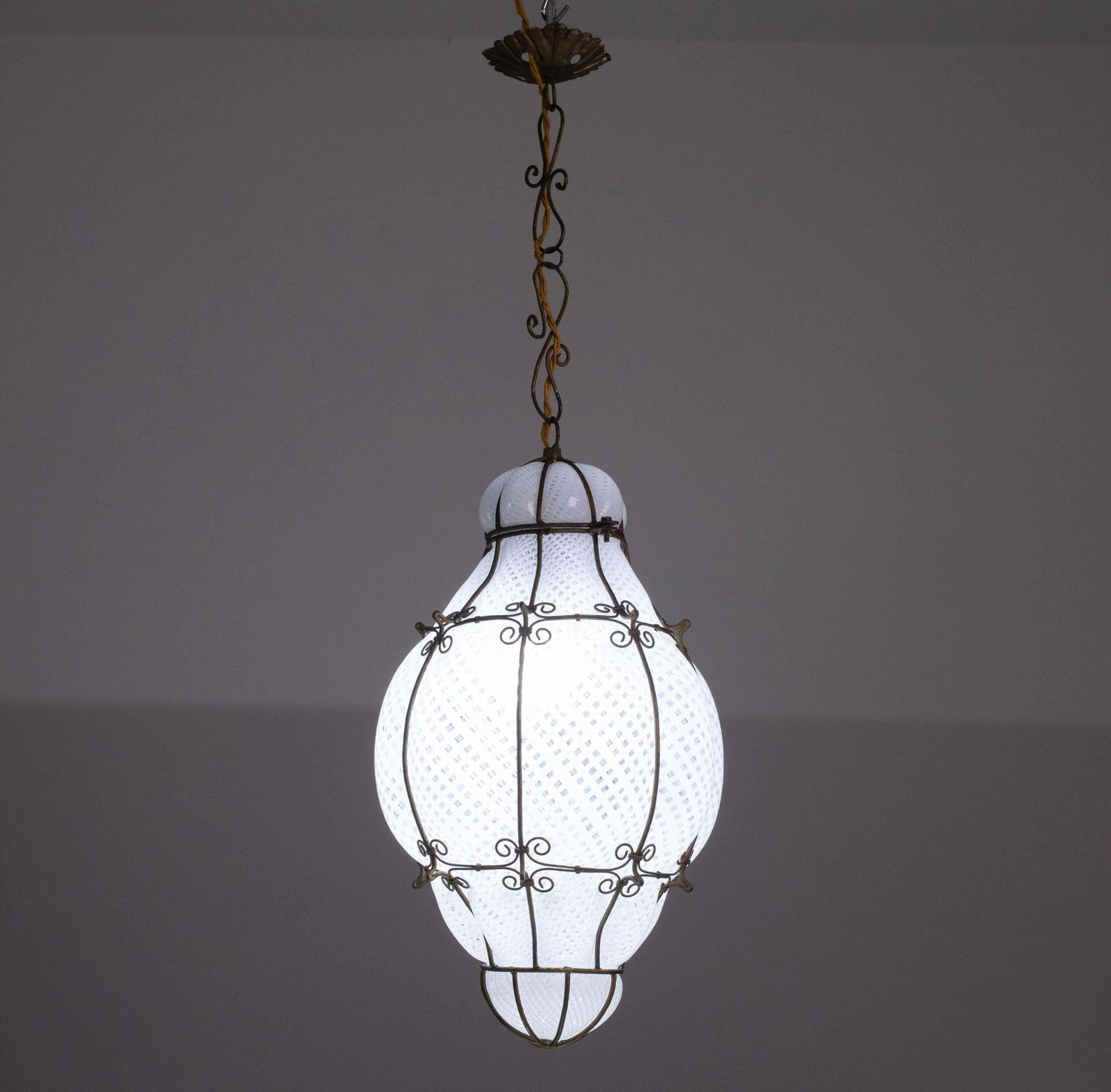 Extraordinary Rare Large Size Venetian Lantern In Murano Reticello Glass, 1940s photo for sale