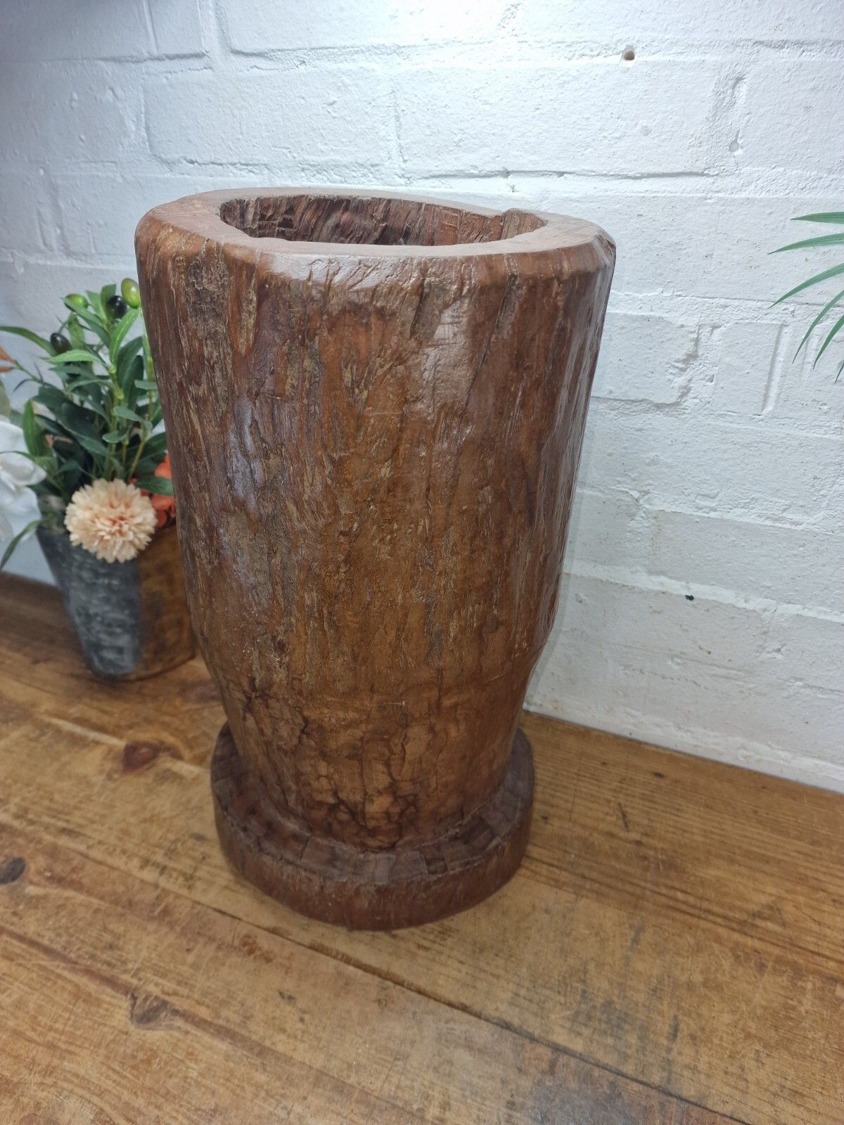 Home Decor Large Vintage Antique Rustic Wabi Sabi Hand Carved Wooden Grinding  Mortar Bowl photo