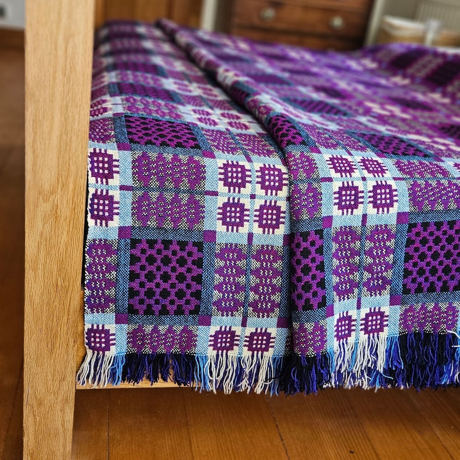 Vintage Welsh Blanket In Purple, Aqua, Black, Cream photo for sale