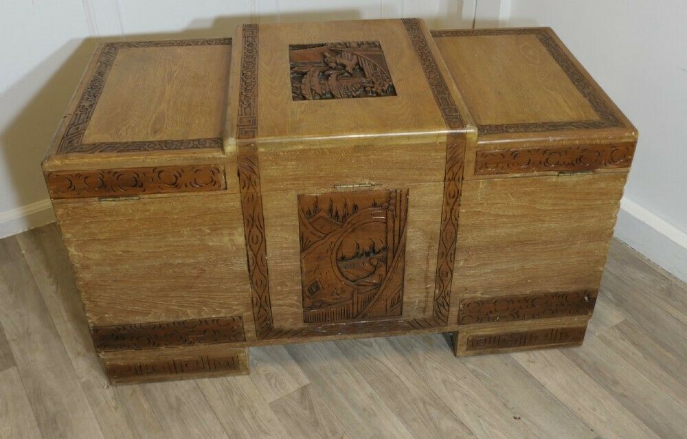 Art Deco Limed Oak & Carved Camphor Wood Chest photo Furniture