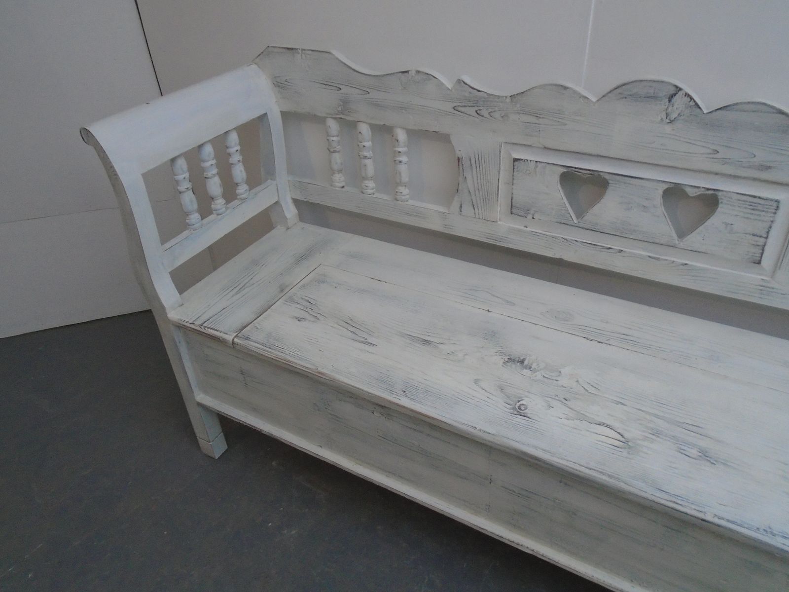 A White & Black Heart Motif Antique Pine 3 Seater Bench photo for sale