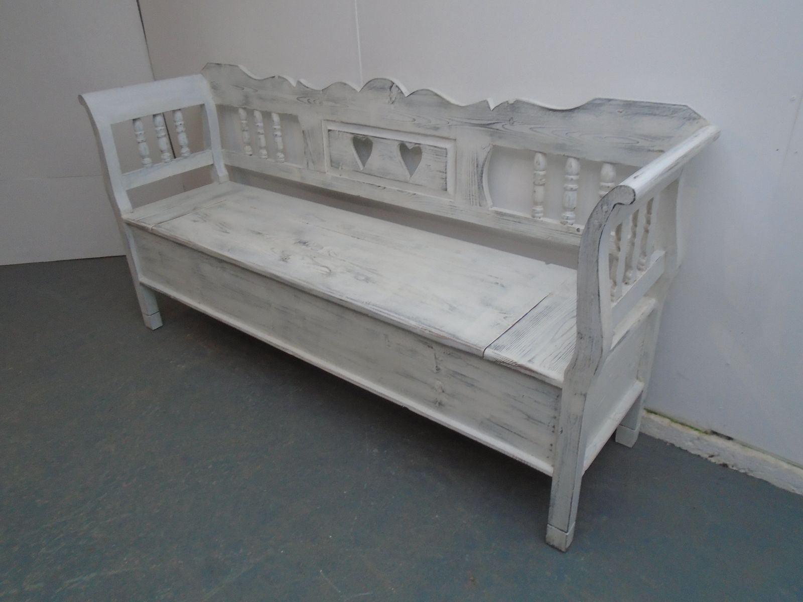 A White & Black Heart Motif Antique Pine 3 Seater Bench