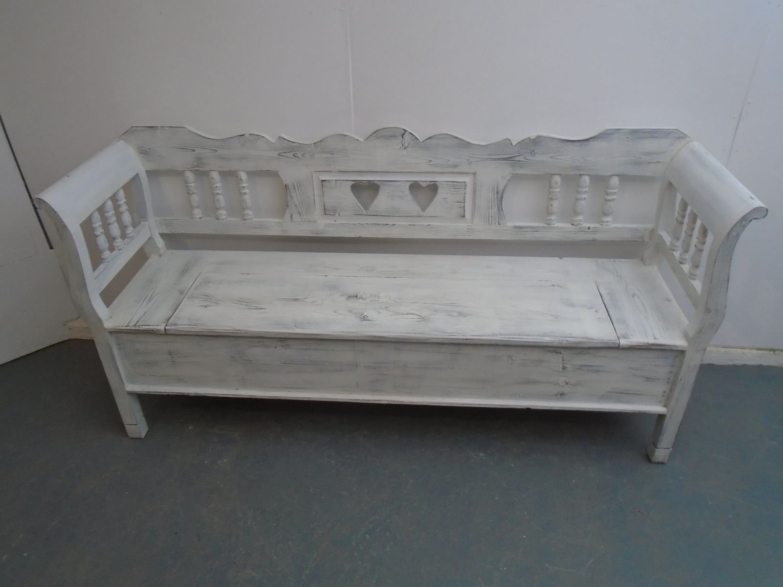A White & Black Heart Motif Antique Pine 3 Seater Bench photo vintage