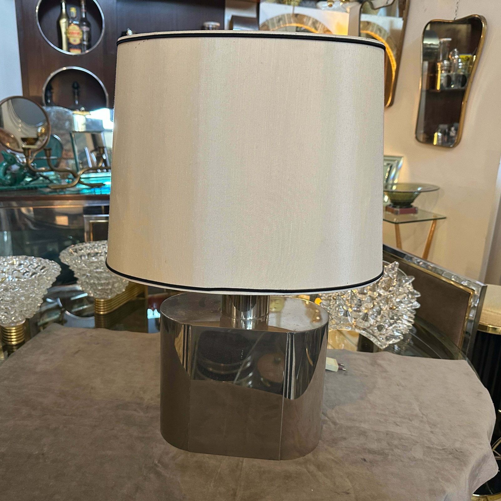 1980s Mid Century Modern Oval Steel Table Lamp By Tommaso Barbi photo furniture