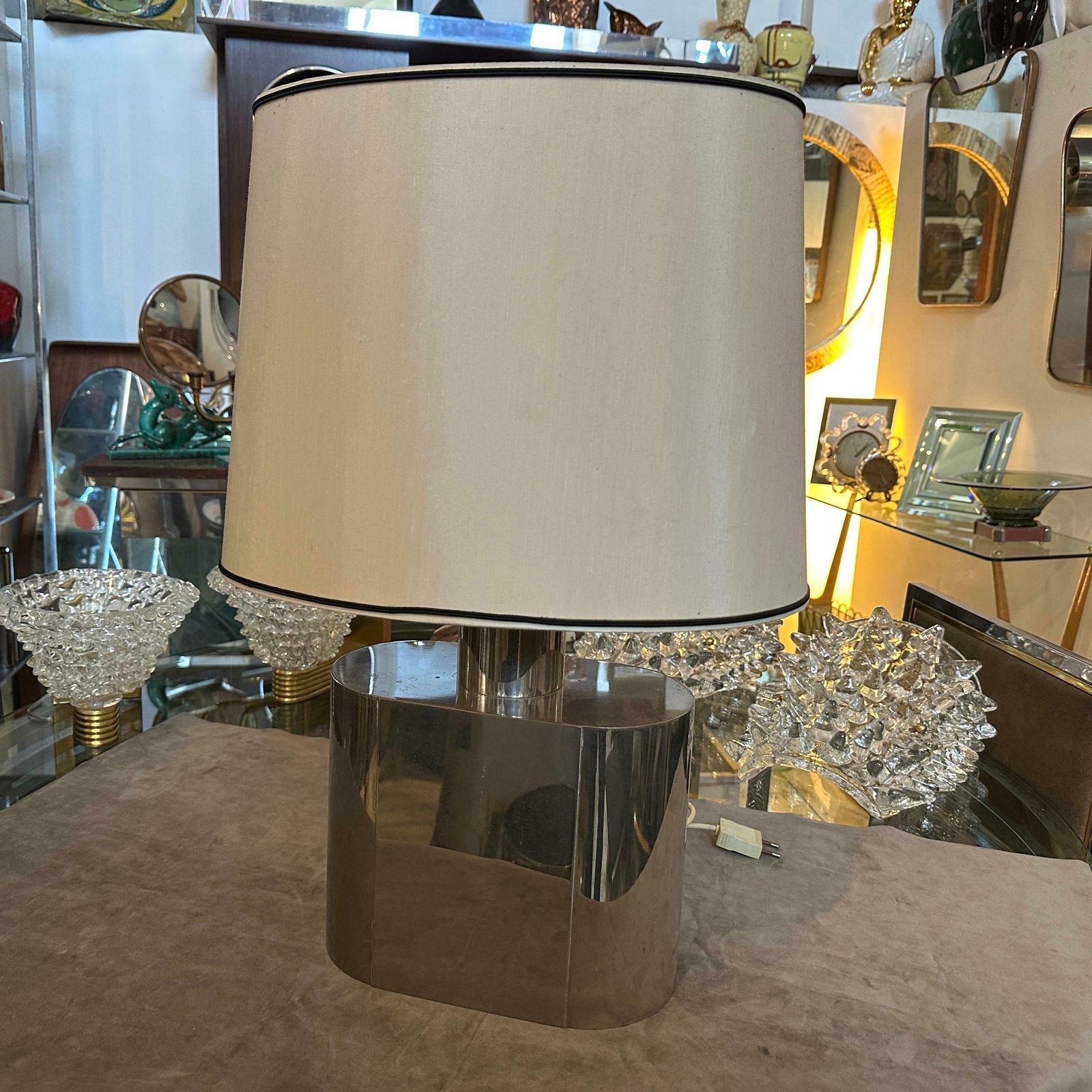 1980s Mid Century Modern Oval Steel Table Lamp By Tommaso Barbi photo for sale