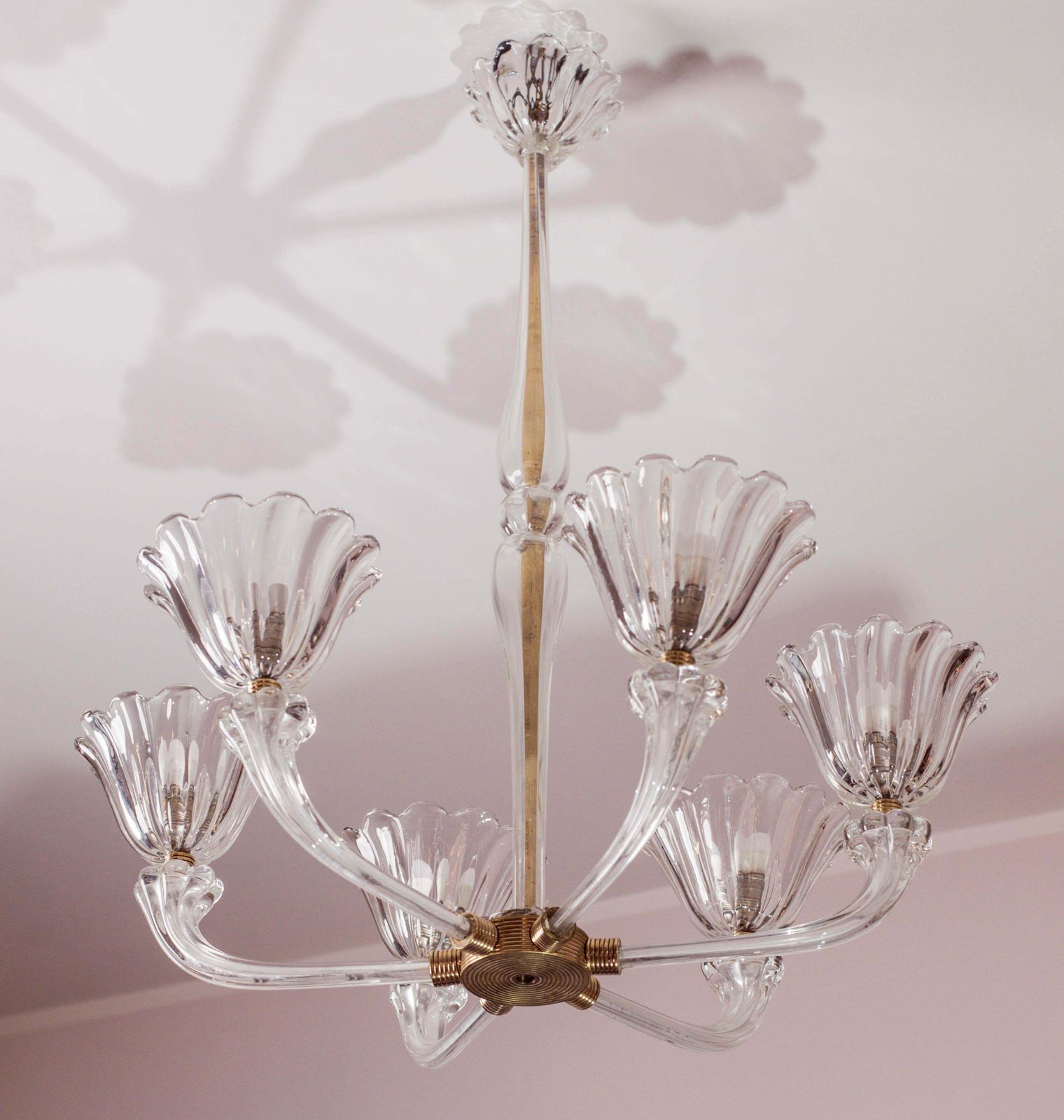 Mid Century Venetian Art Deco Murano Blown Glass Six Light Chandelier By Seguso photo for sale