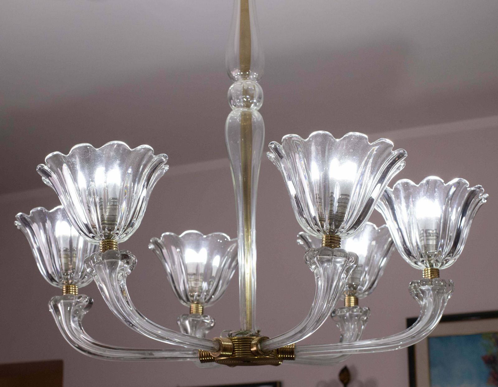 photo vinterior Mid Century Venetian Art Deco Murano Blown Glass Six Light Chandelier By Seguso