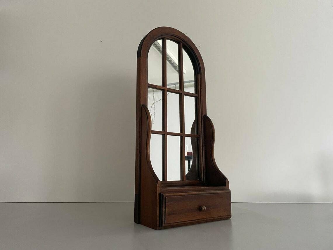 Mid Century Italian Wood Window Wall Mirror With Drawer 1950s Italy