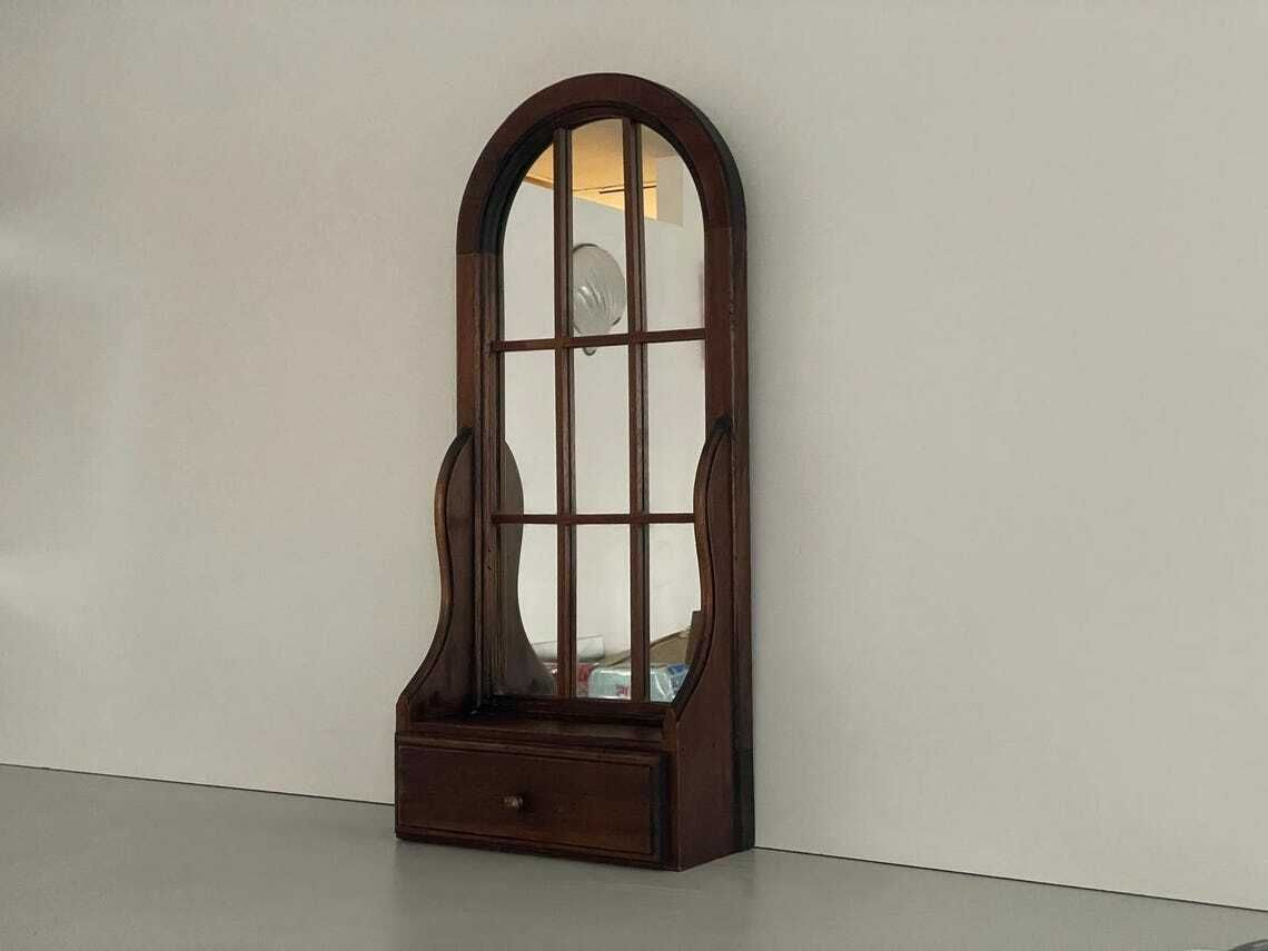 Mid Century Italian Wood Window Wall Mirror With Drawer 1950s Italy photo furniture