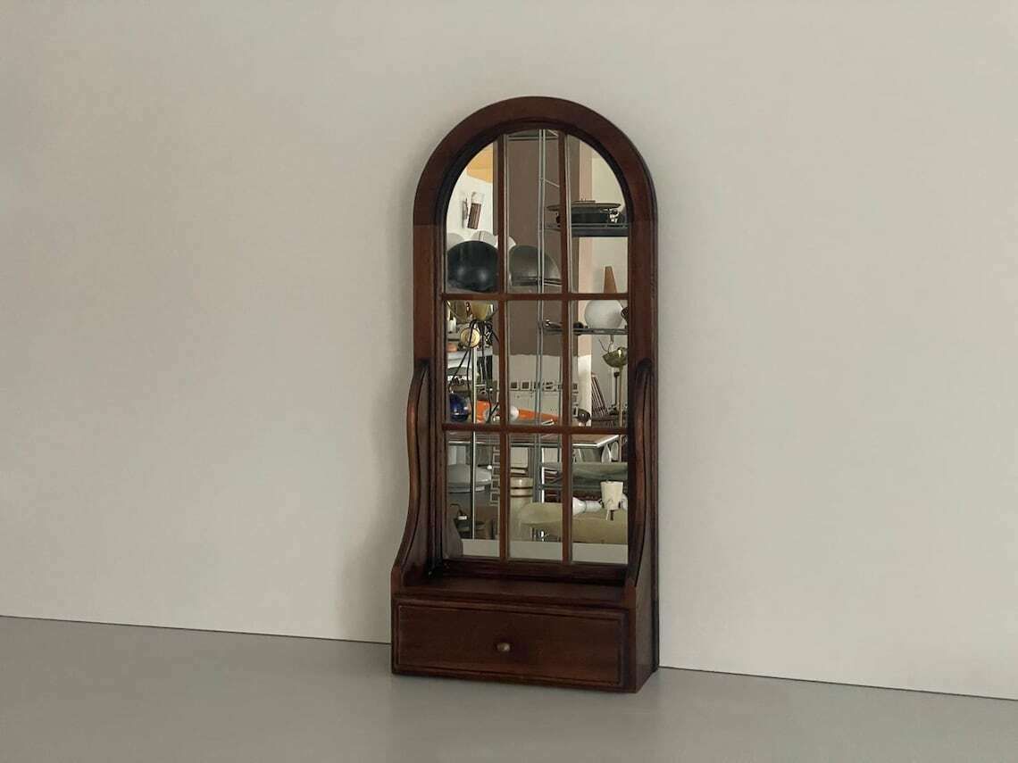 Mid Century Italian Wood Window Wall Mirror With Drawer 1950s Italy photo for sale