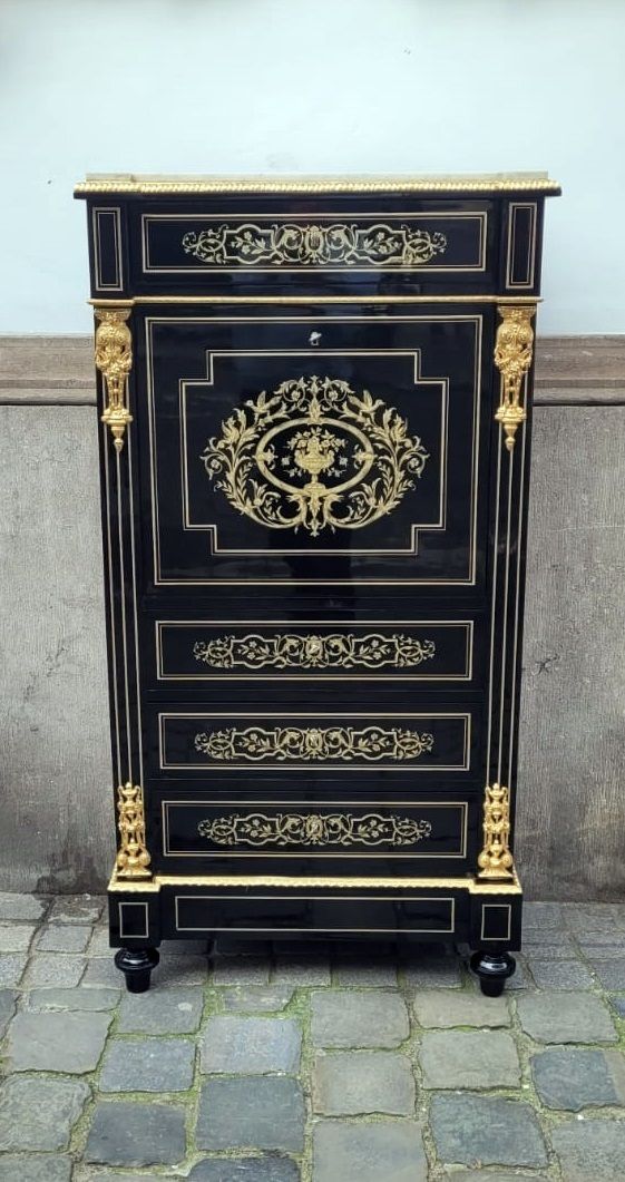 Napoleon III Secretary In Blackened Pear Wood   Brass Marquetry
