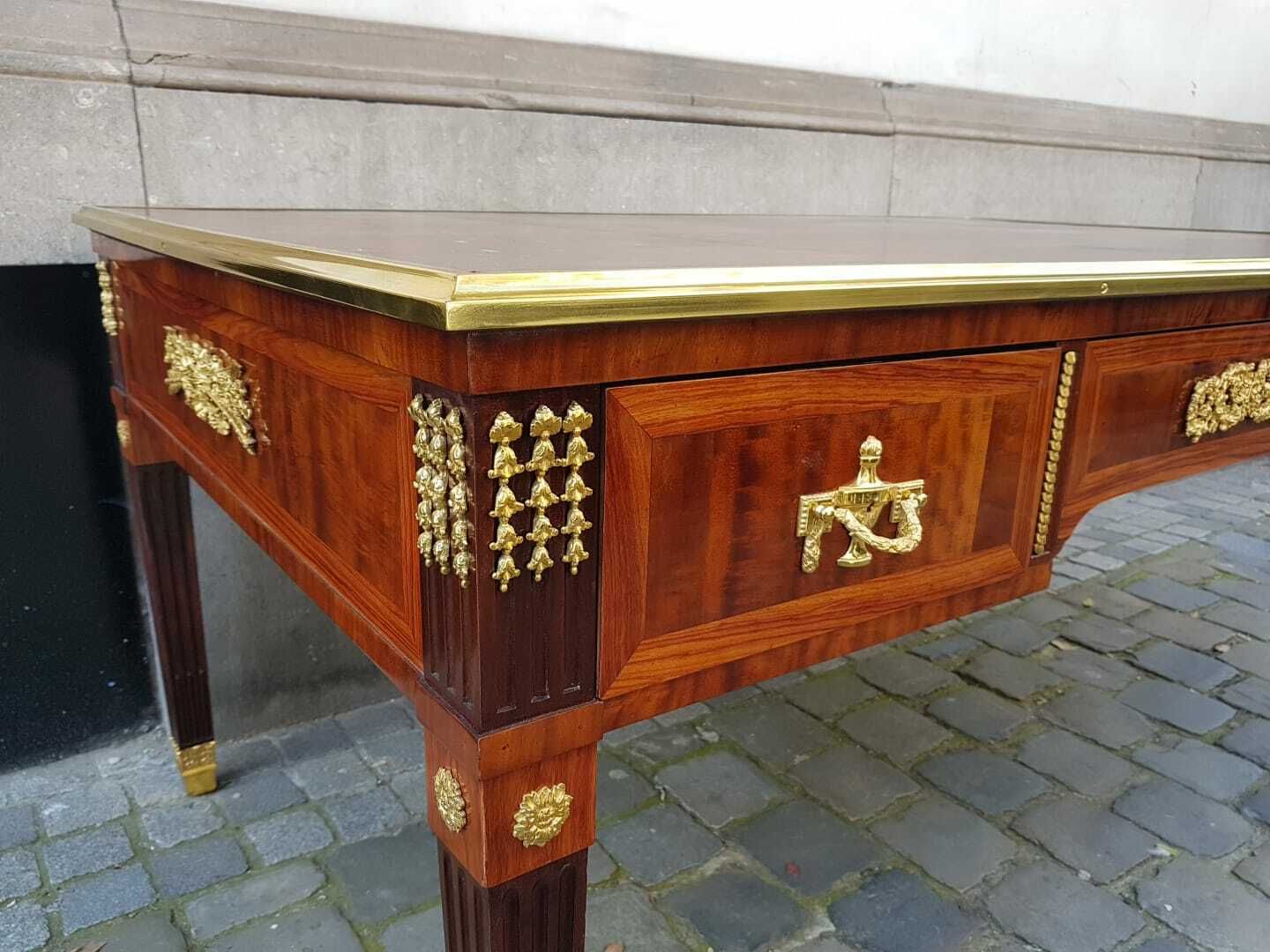 Beautiful And Large Louis XVI Style Desk   Several Species Of Fruitwood   Gilt Bronze Hardware   Leather photo vinterior